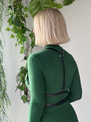 Vücut Kemerli Yeşil Tasarım Elbise